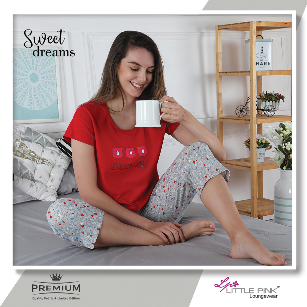 7084-A LittlePink Chili Red Solid T-Shirt With Printed Capri set