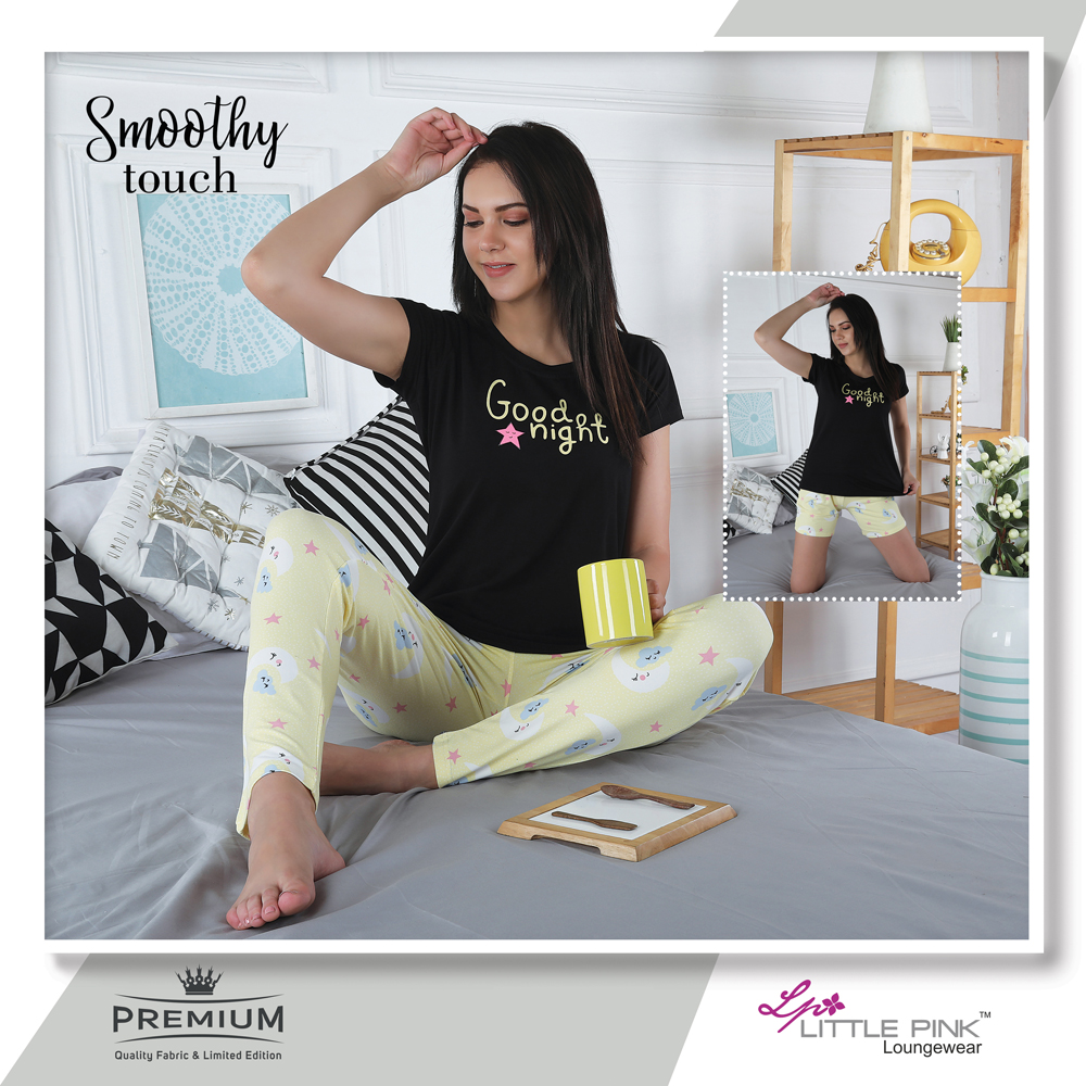 7087-A LittlePink Solid Black R/N T-Shirt With Printed Pajama Set