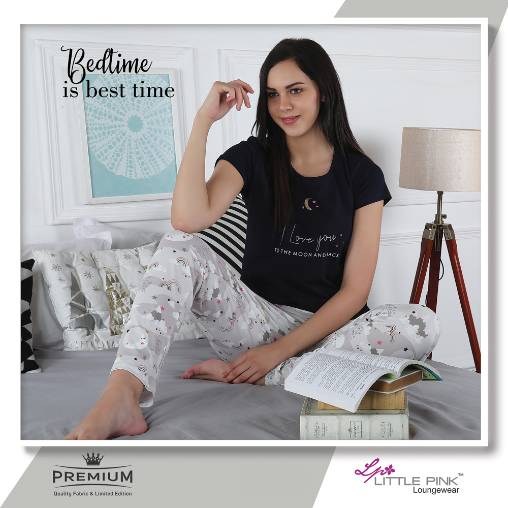 7099-B LittlePink Solid Black R/N T-Shirt With Printed Pajama
