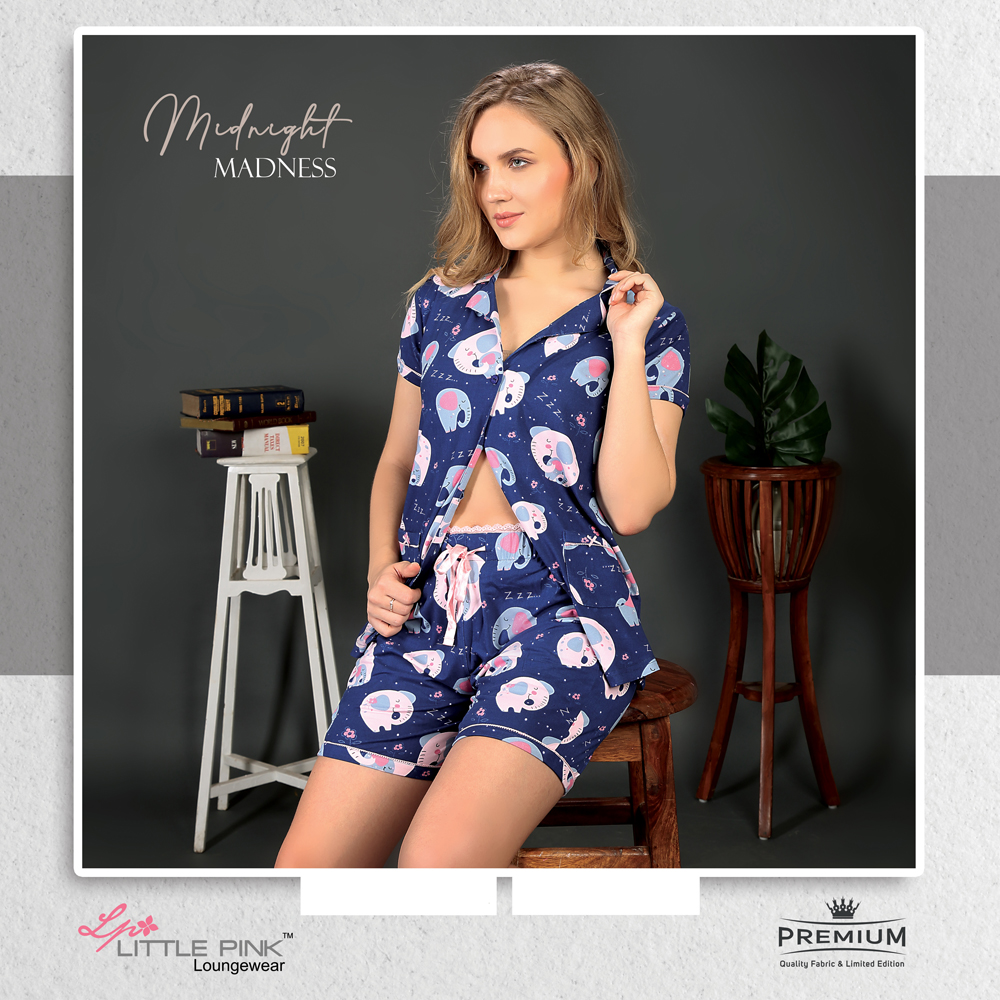 7232-A LittlePink Printed Egyptian Blue Shirt With Matching Shorts