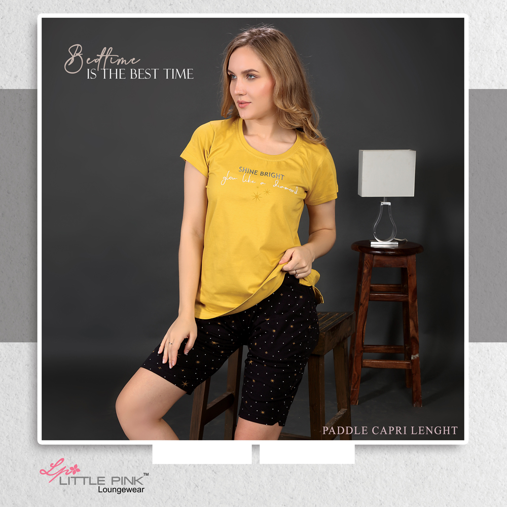 7237-A LittlePink Amber Yellow R/N T-shirt With Black Printed Capri