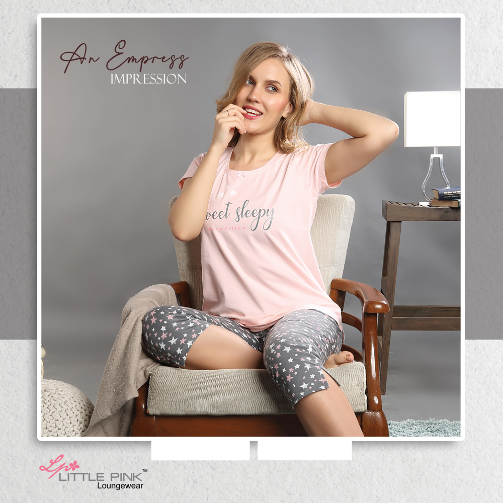 7248-A LittlePink Solid Baby Pink T-Shirt With Printed All Over Capri