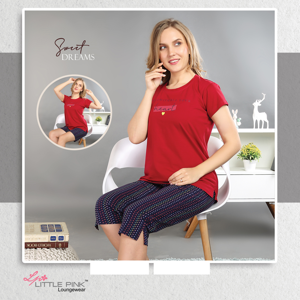 8028-A Little Pink Crimson-Red R/N T-Shirt With Printed Capri. – Littlepink