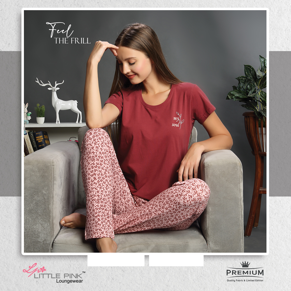 8084-A Little Pink Solid Carmine Red T-Shirt With All Over Printed Pajama  Set. – Littlepink