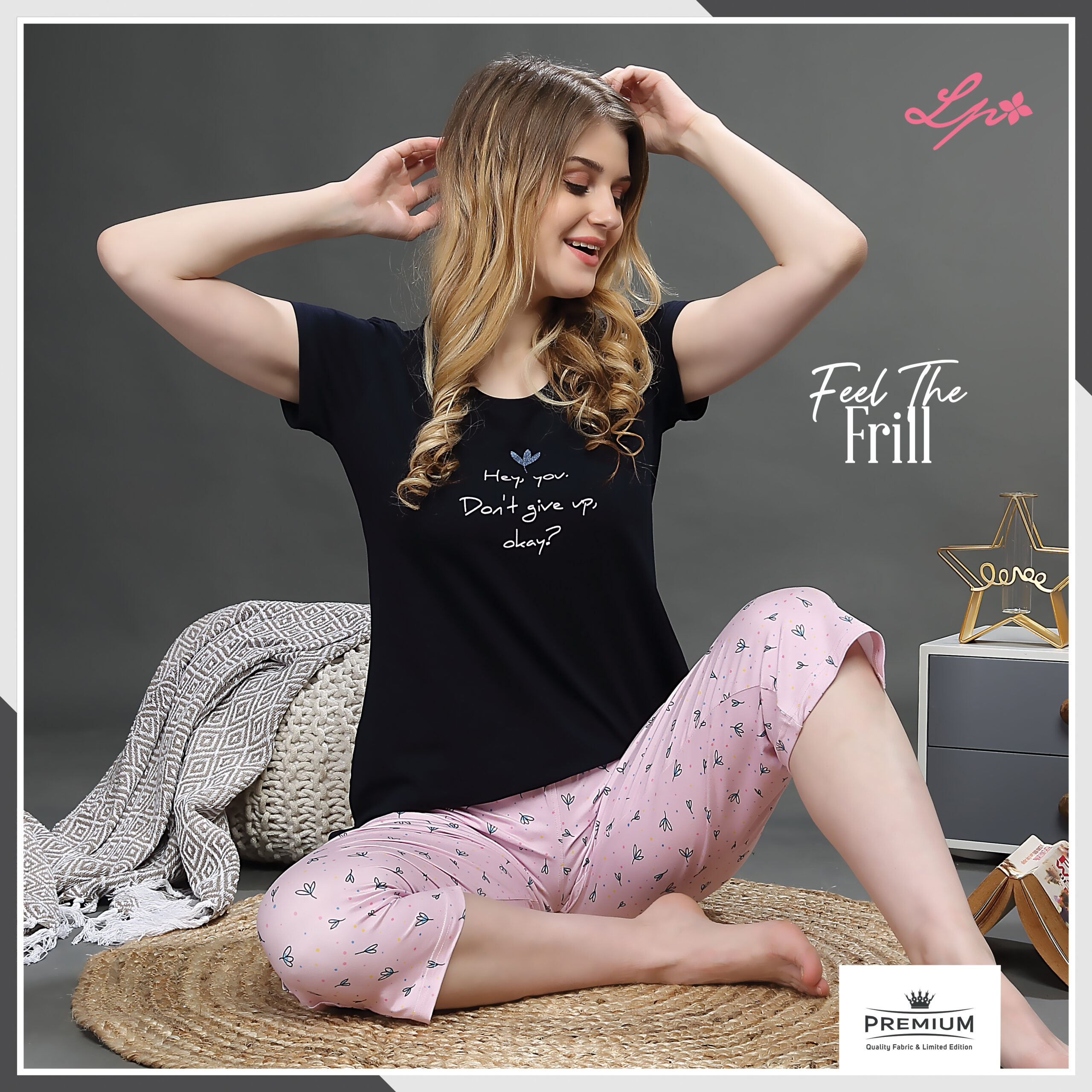 8034-A Little Pink Black R/N T-Shirt With all Over Printed Capri Set.