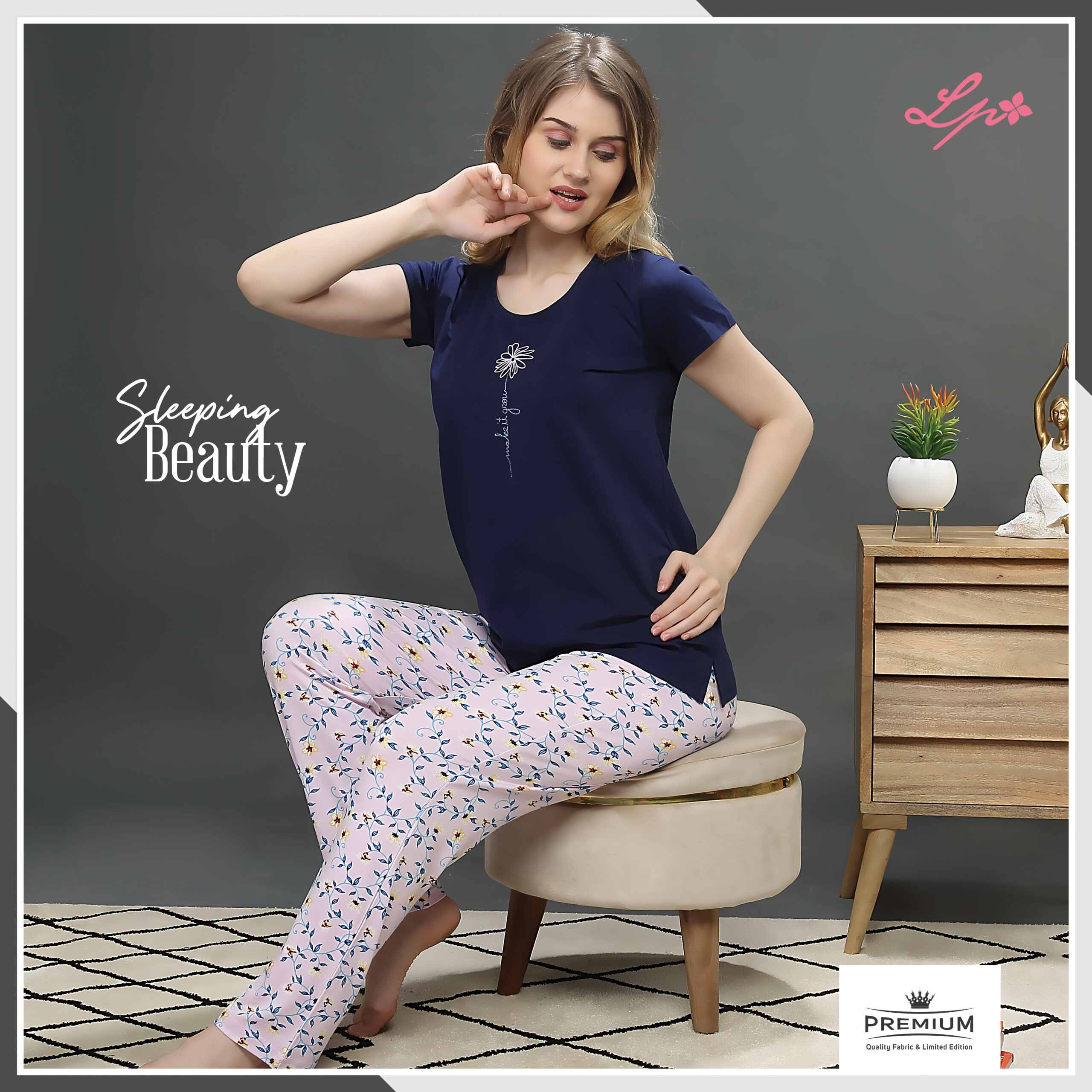 8090-A Little Pink Navy R/N T-shirt With All Over Printed Pajama Set.