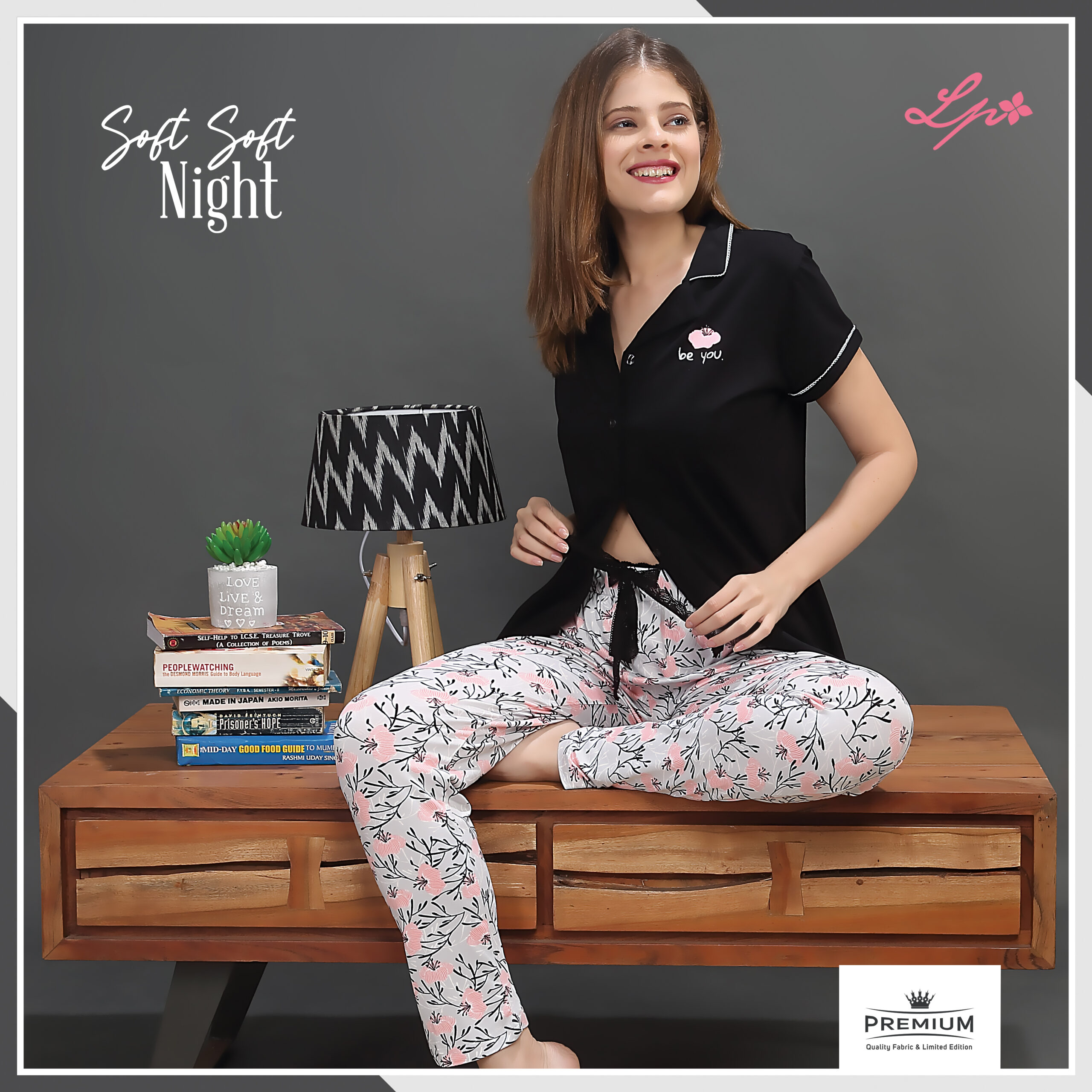 8121-A LittlePink Black R/N T-Shirt With All Over Printed Pajama Set