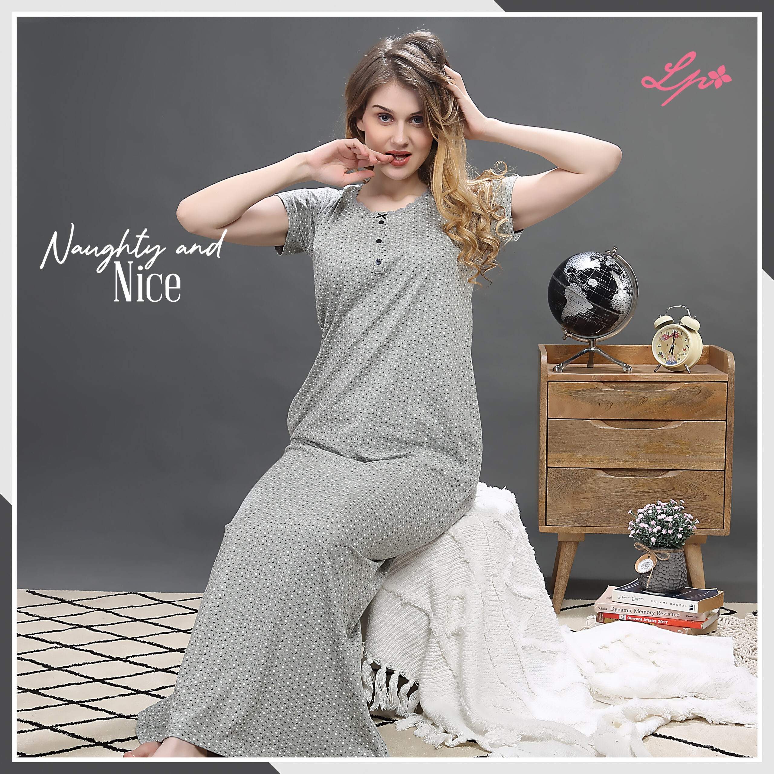 8201-A Little Pink Fossil Grey All Over Print Long Nighty.