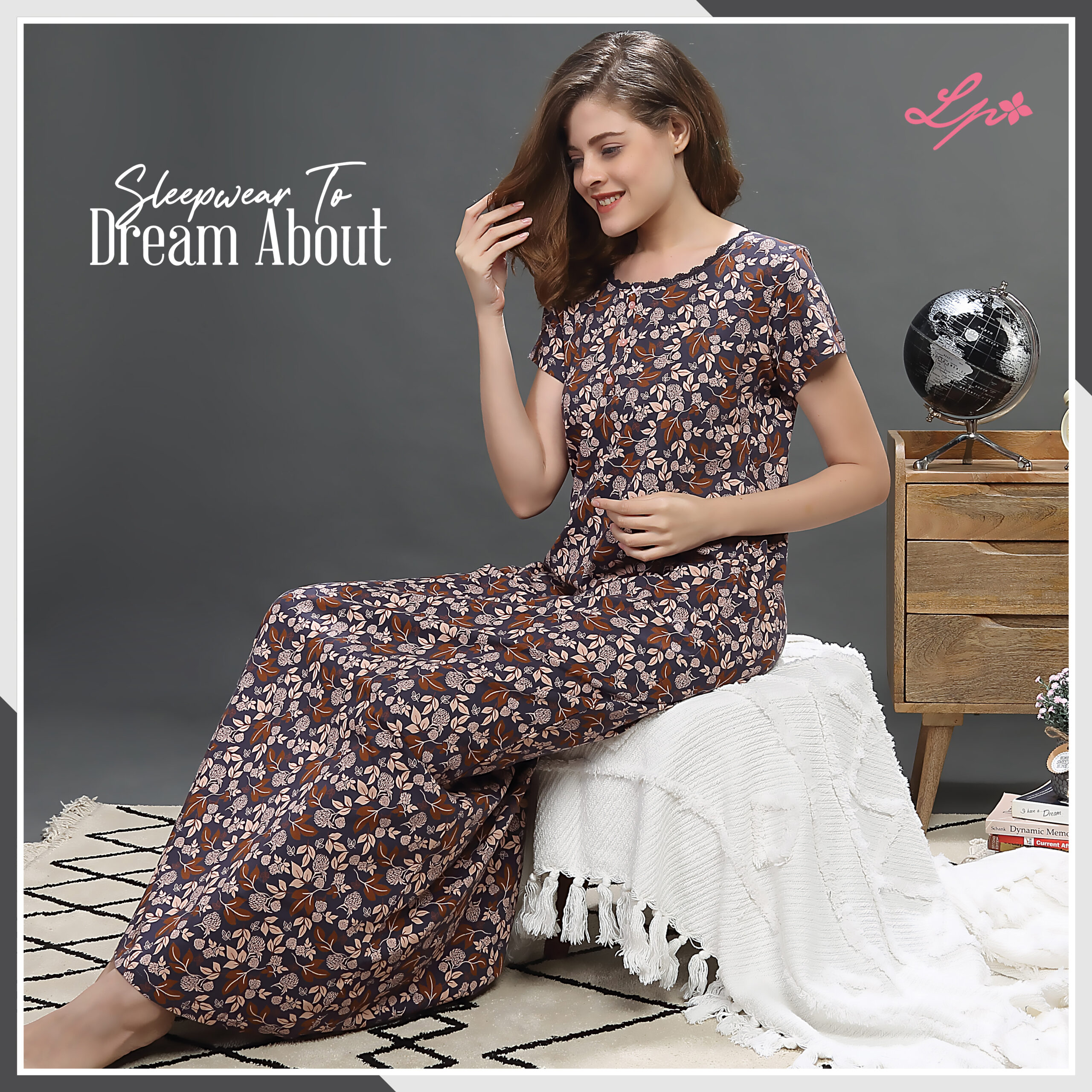 8205-A Little-Pink Mocha All Over Print Long Nighty.