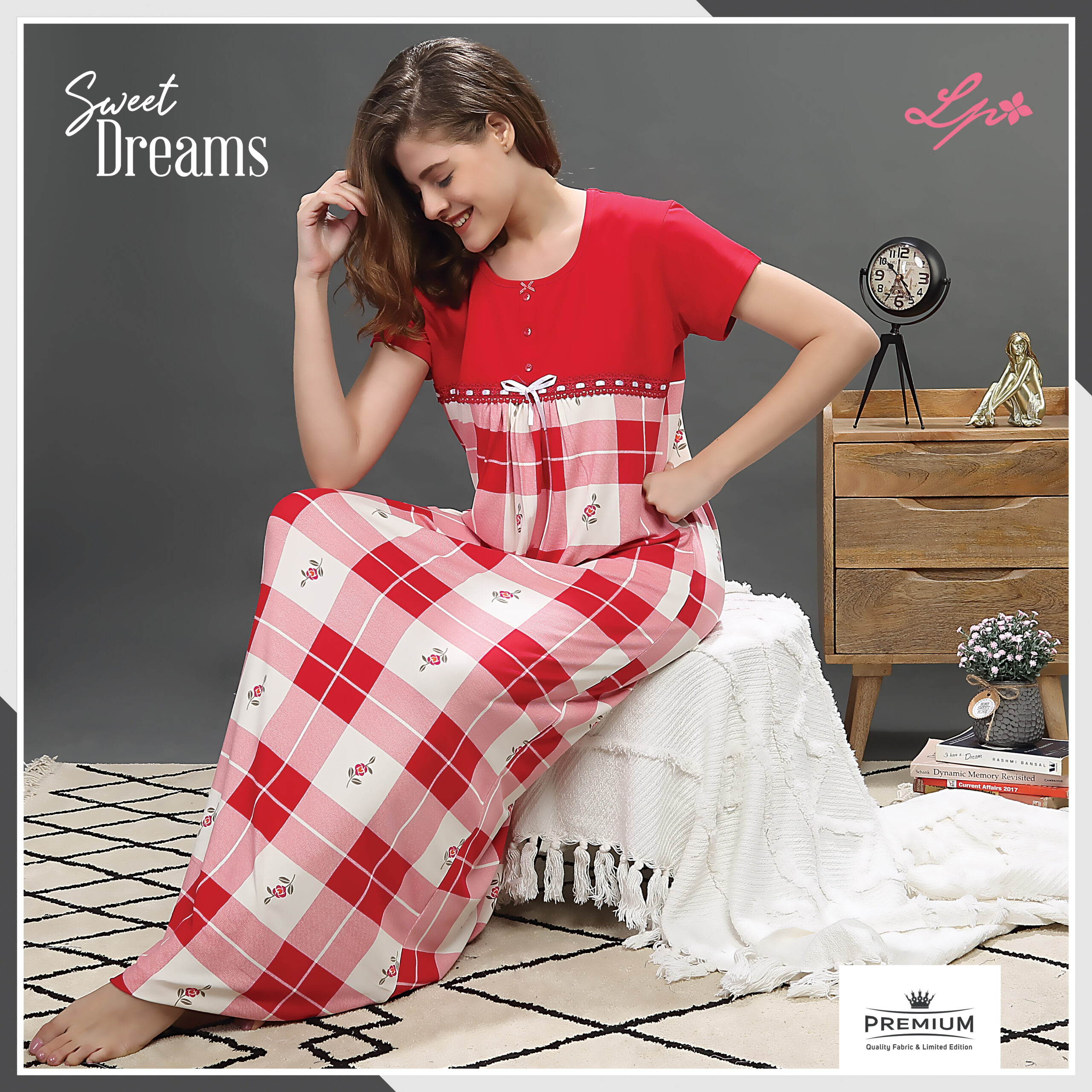 8236-A Little Pink Rose Red All Over Printed Long Nighty