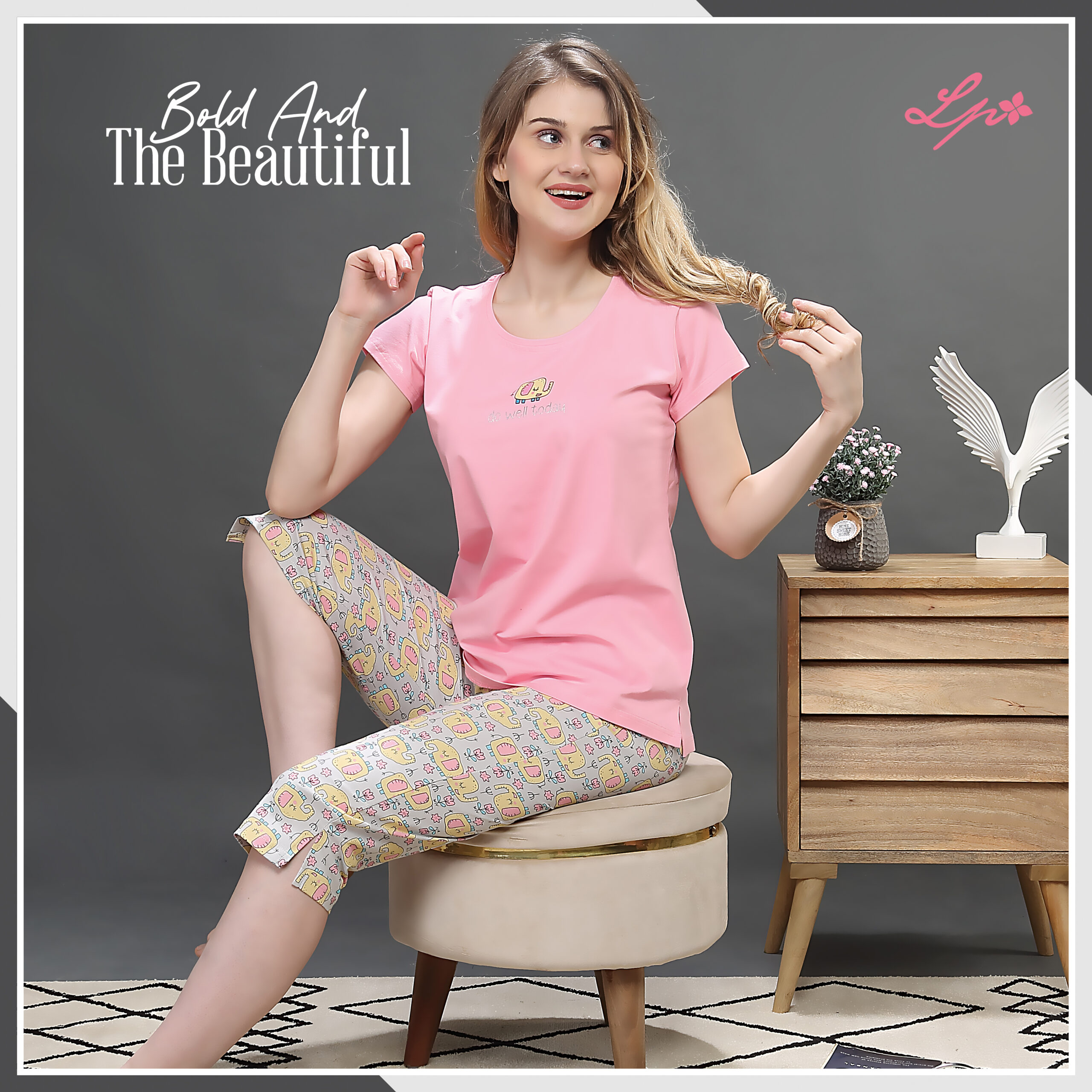 8026-A Little Pink Solid Crepe Pink T-Shirt with Printed Capri Set