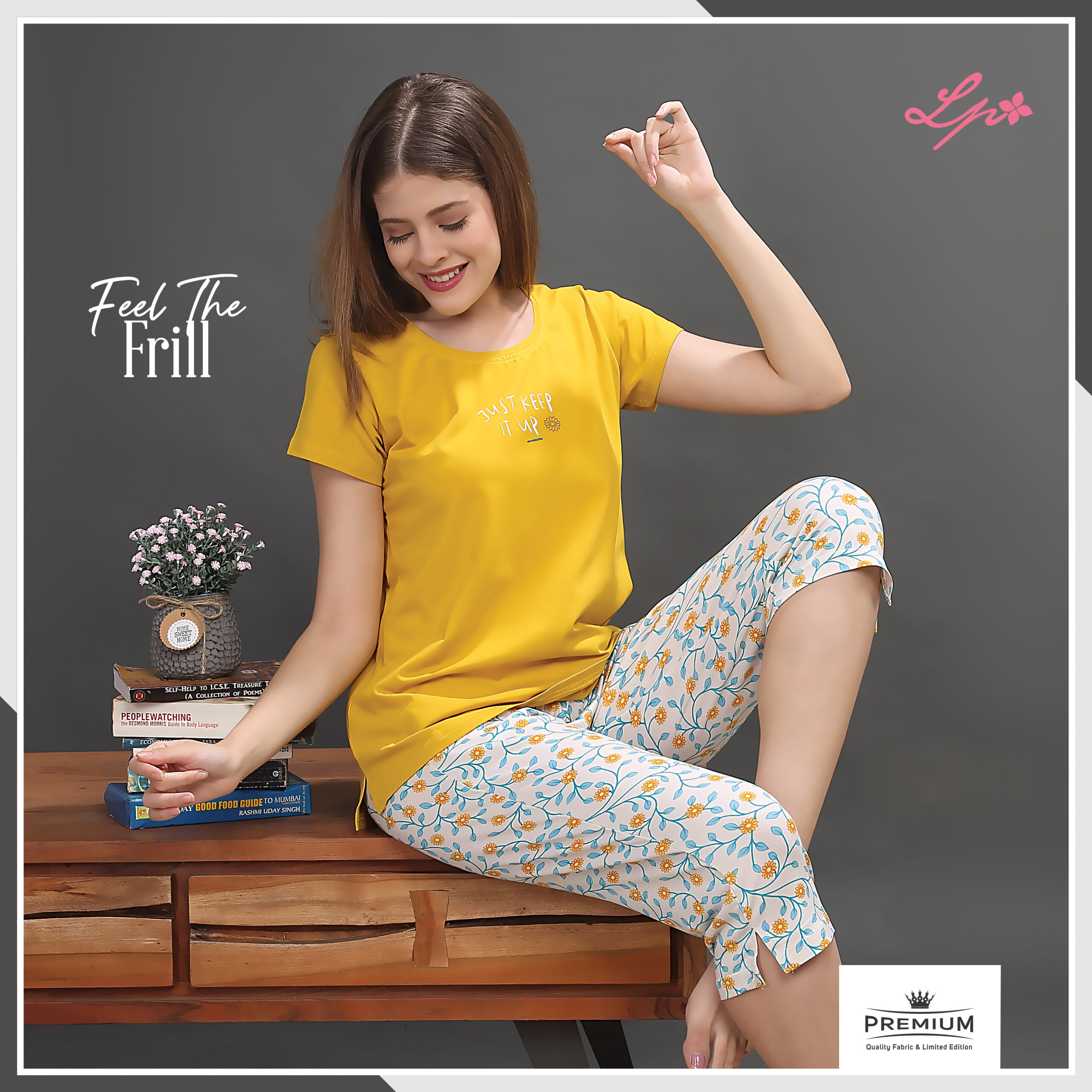 8025-A Little Pink Solid Mustard Yellow T-Shirt with Printed Capri Set