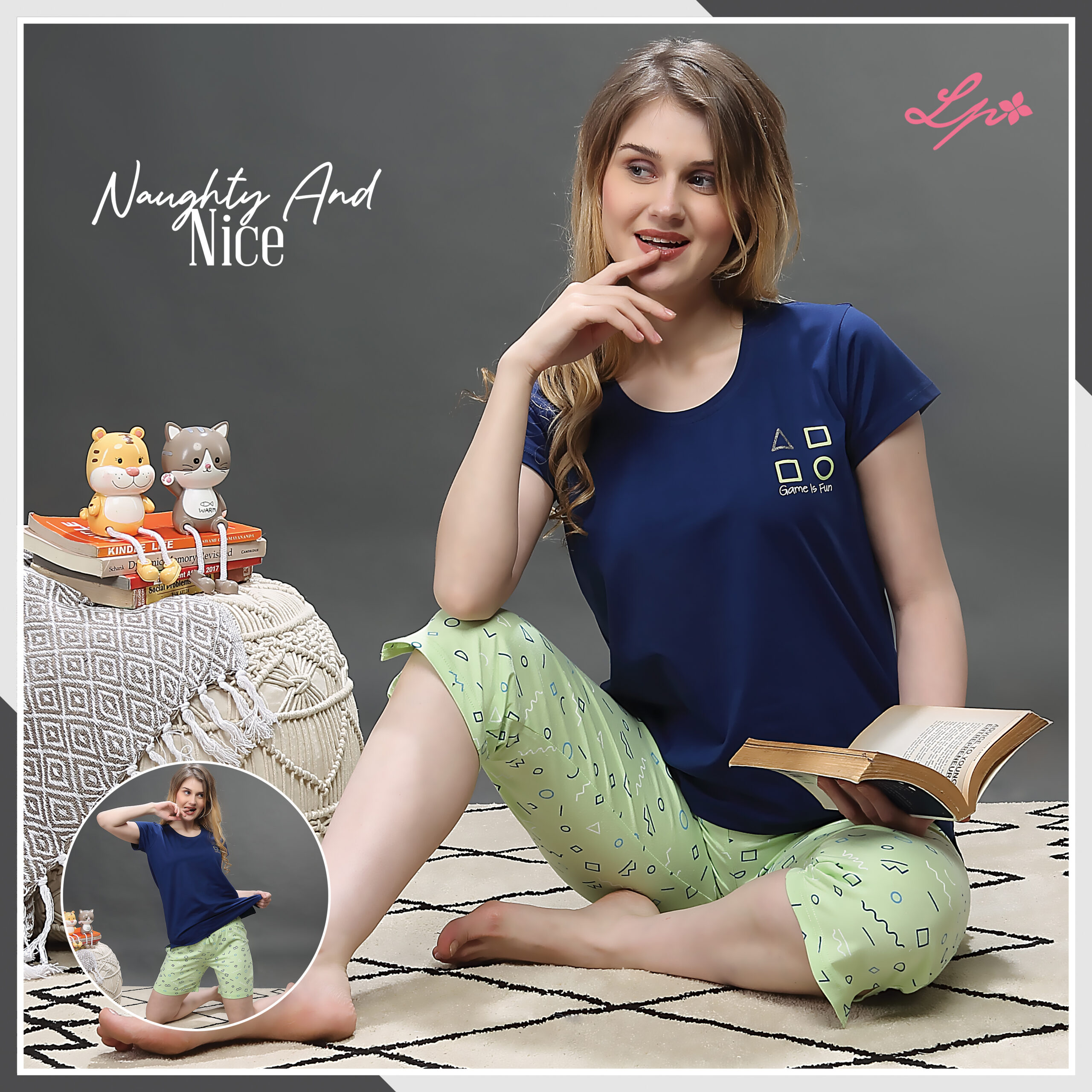 8039-A Little Pink Solid Space Blue T-Shirt With Printed Capri Set