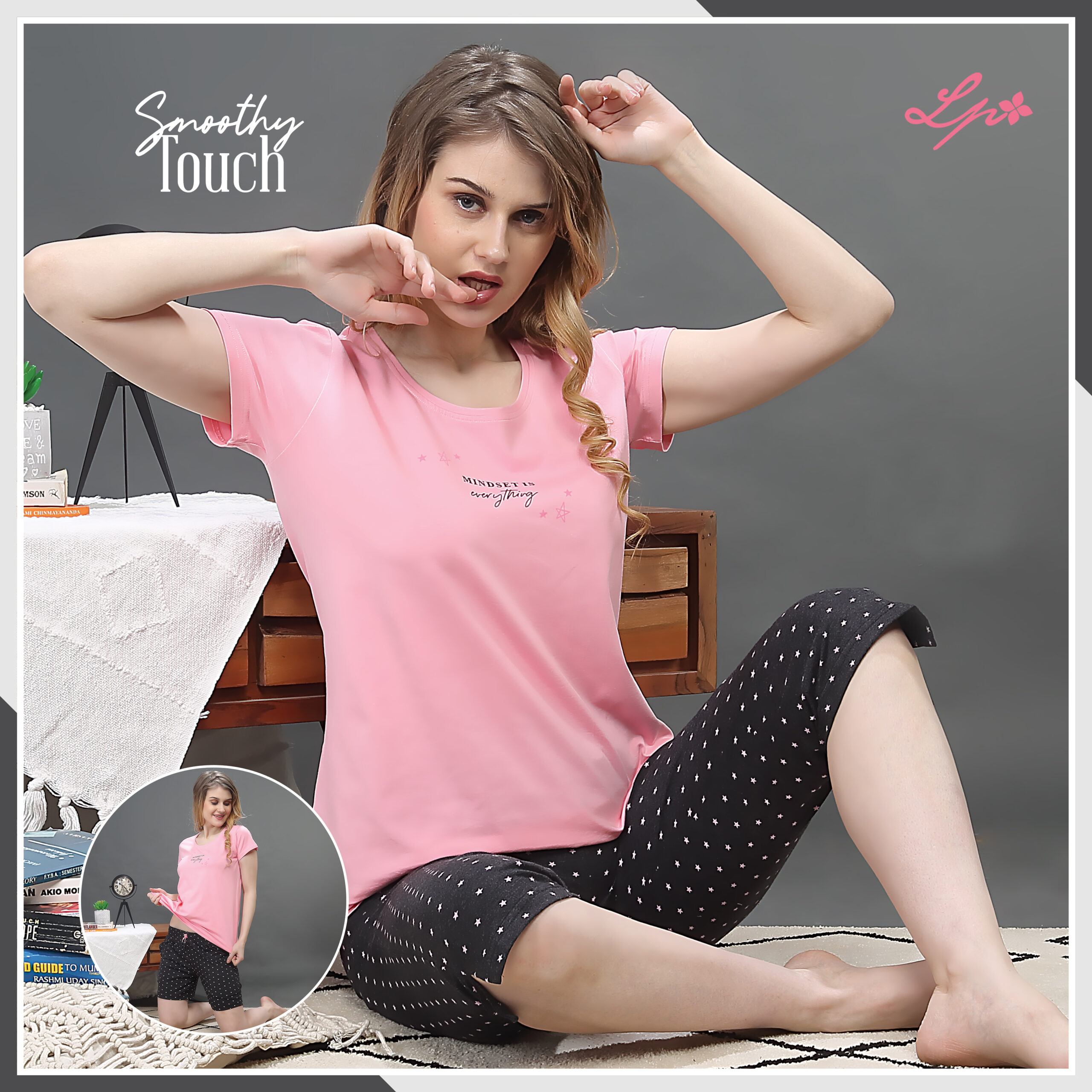 8040-A Little Pink Solid Crepe Pink R/N T-Shirt & Printed Capri.