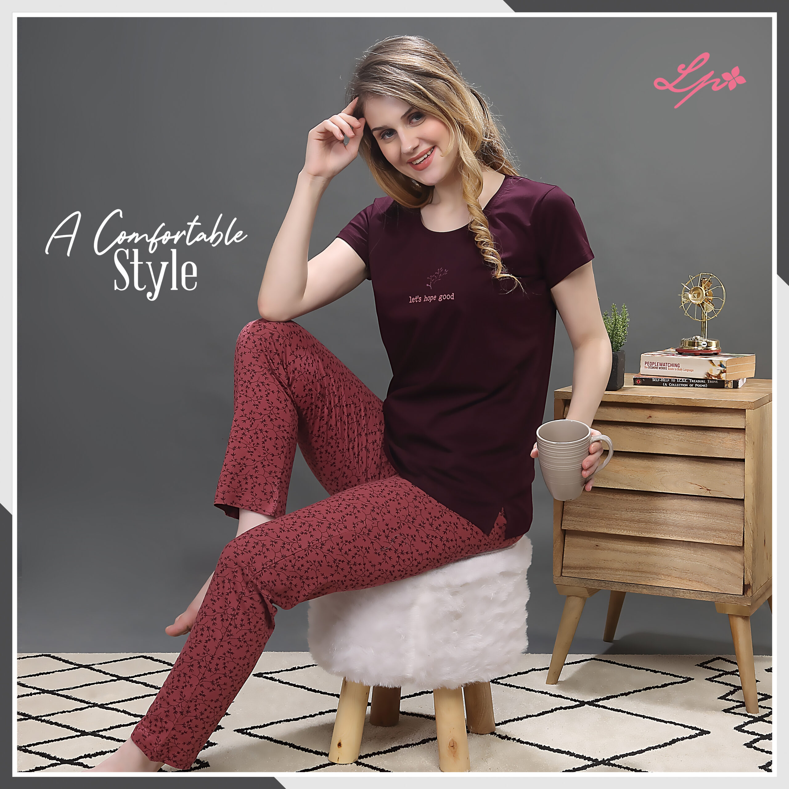 8057-A Little Pink Solid Wine Red R/N T-Shirt & Pajama Set.