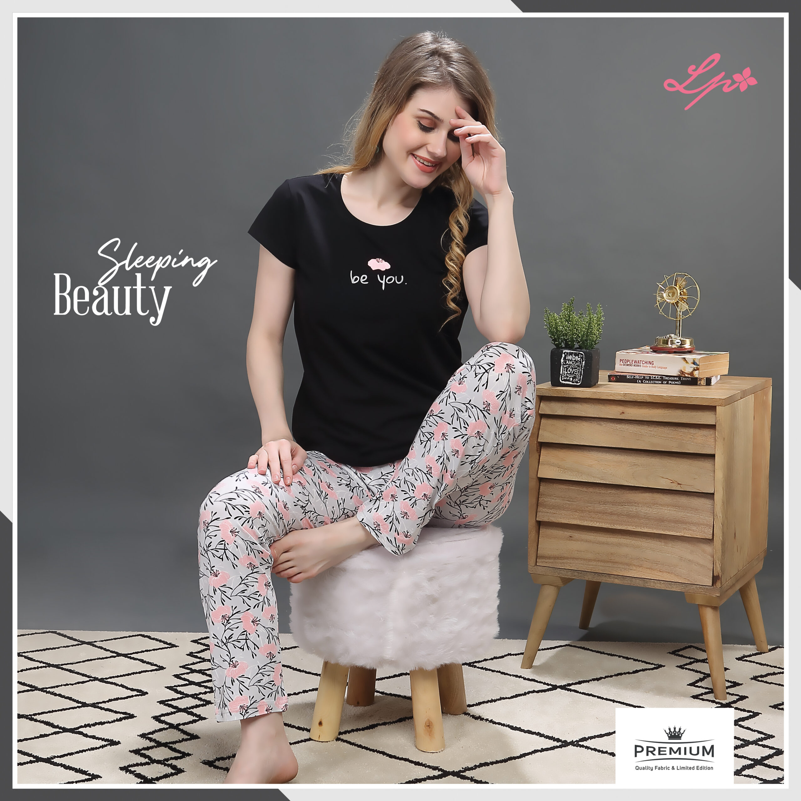 8074-A Little Pink Solid Black R/N T-Shirt With Printed Pajama Set