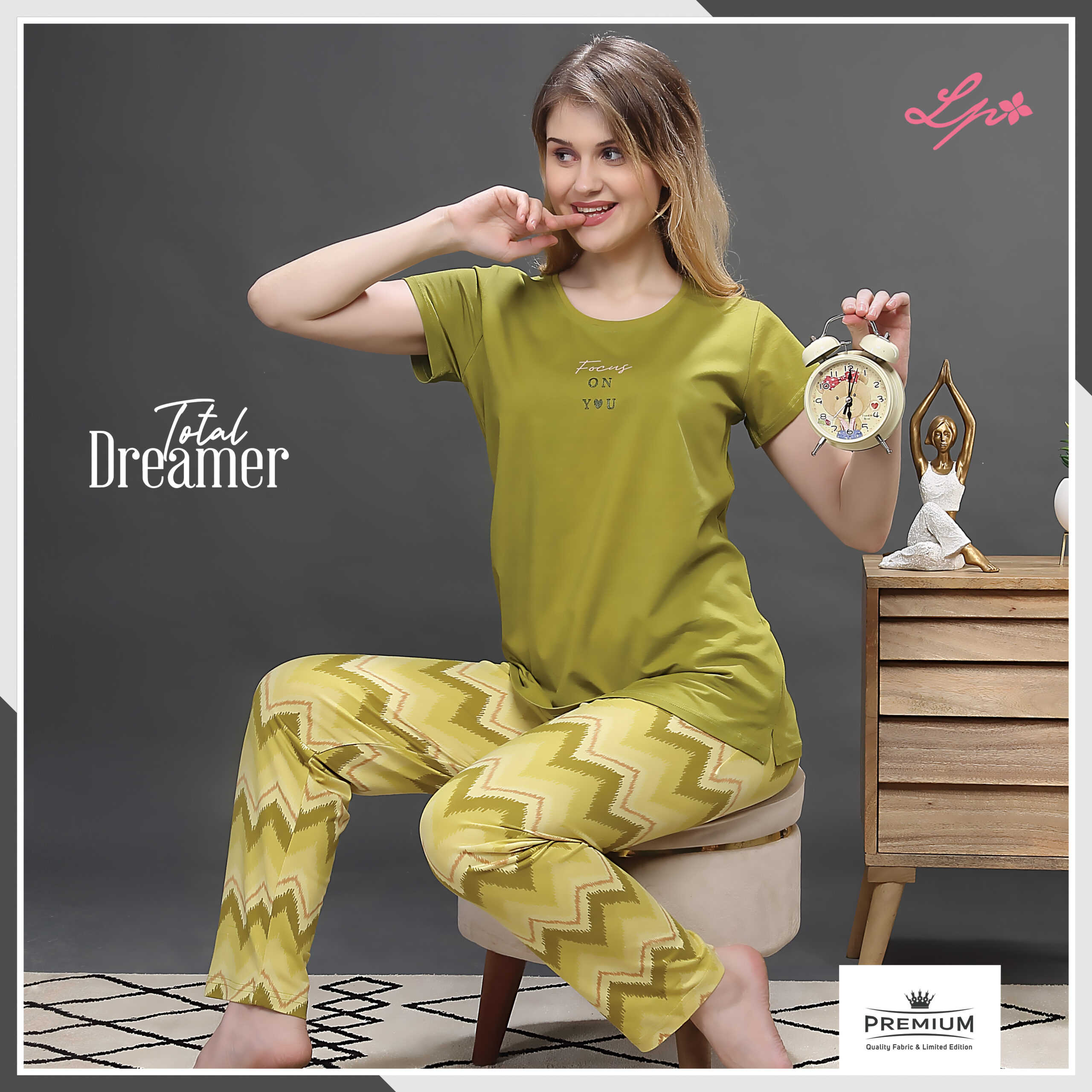 8075-A Little Pink Solid Mellow Yellow R/N T-Shirt & All Over Printed Pajama Set.