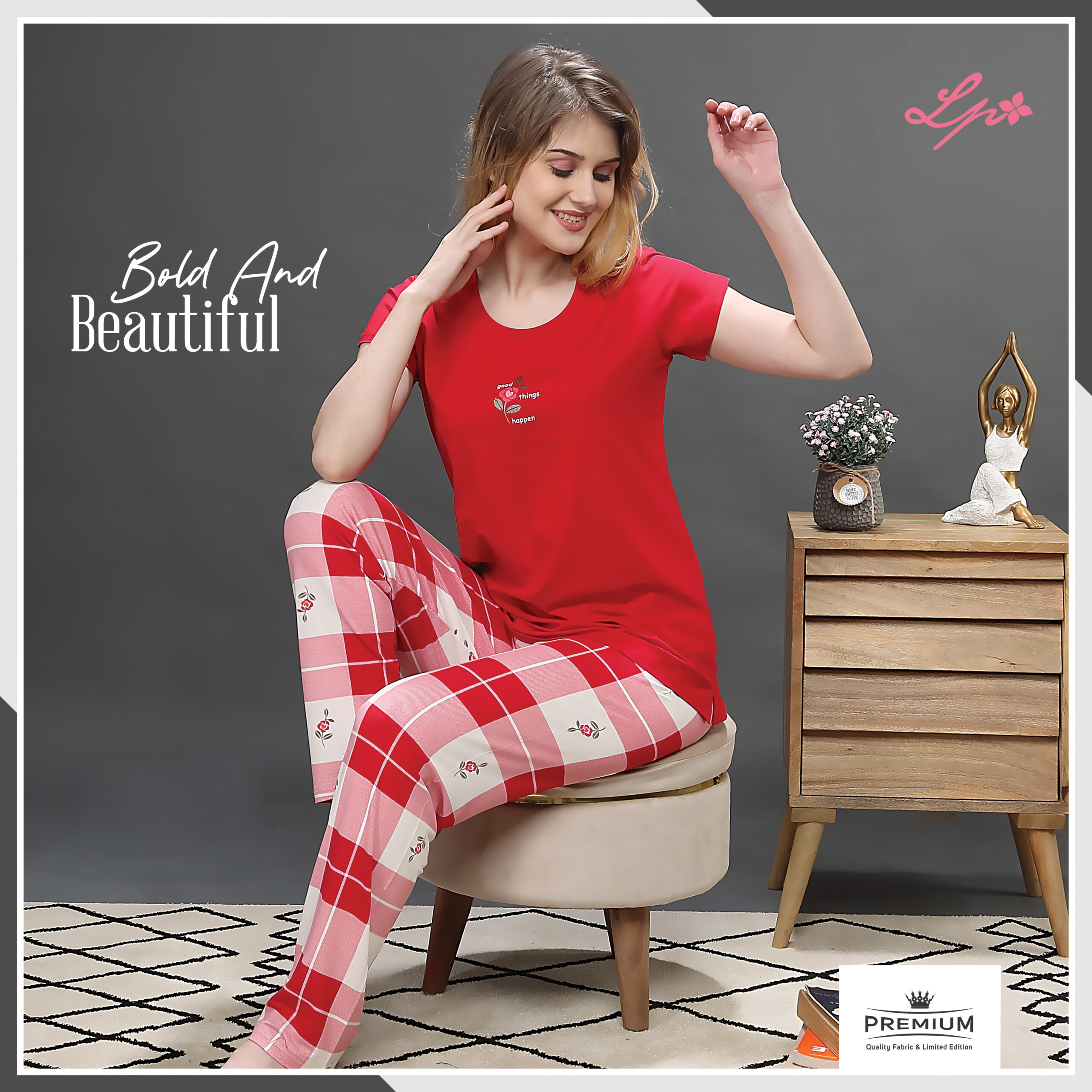 8084-A Little Pink Solid Carmine Red T-Shirt With All Over Printed Pajama Set.
