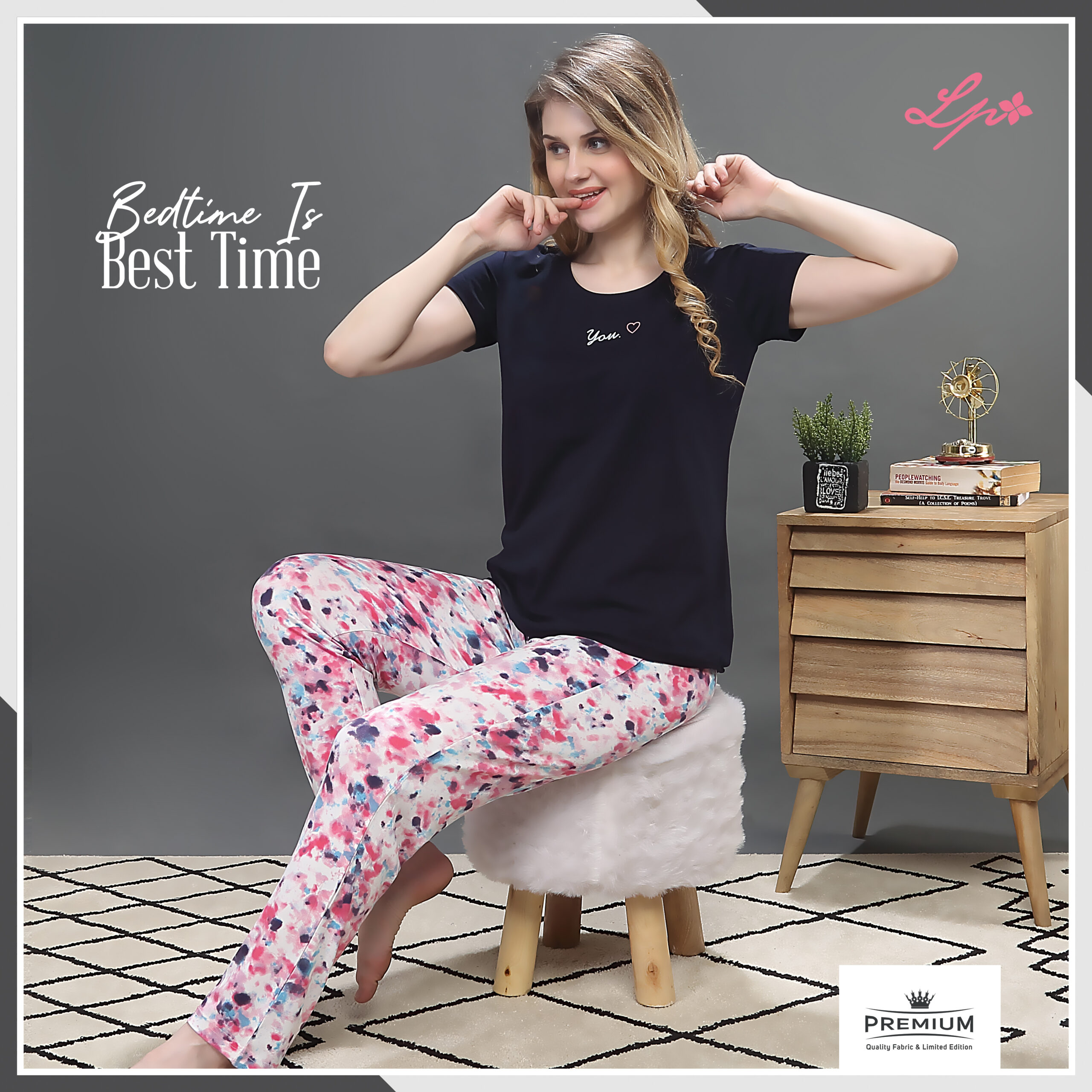 8088-B Little Pink Dark Mid Night Blue R/N T-Shirt With All Over Print Pajama Set