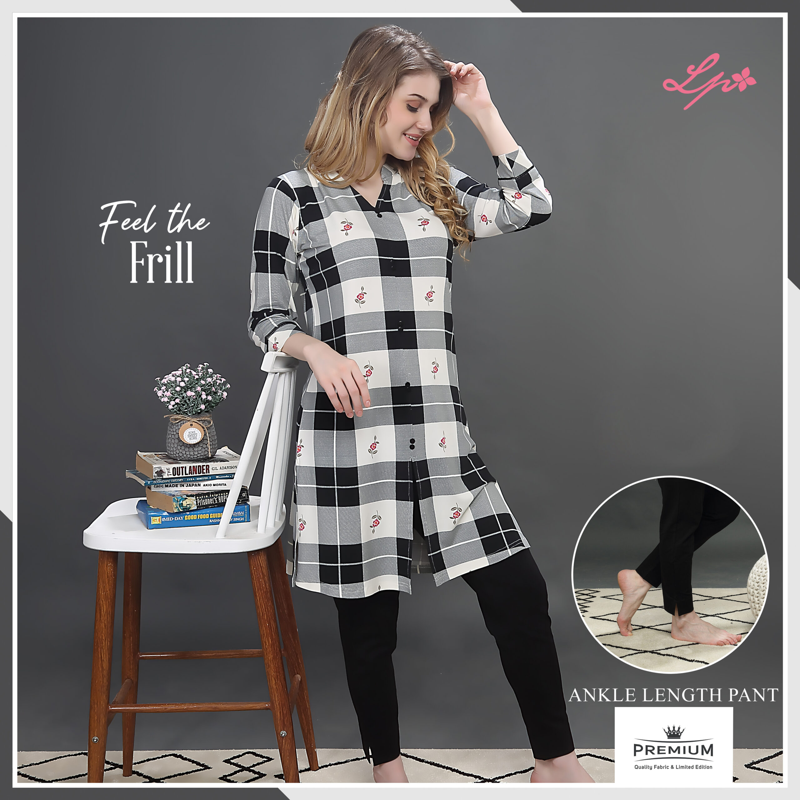 8159-B Little Pink Black All Over Checks Print Kurti With Solid Pant.