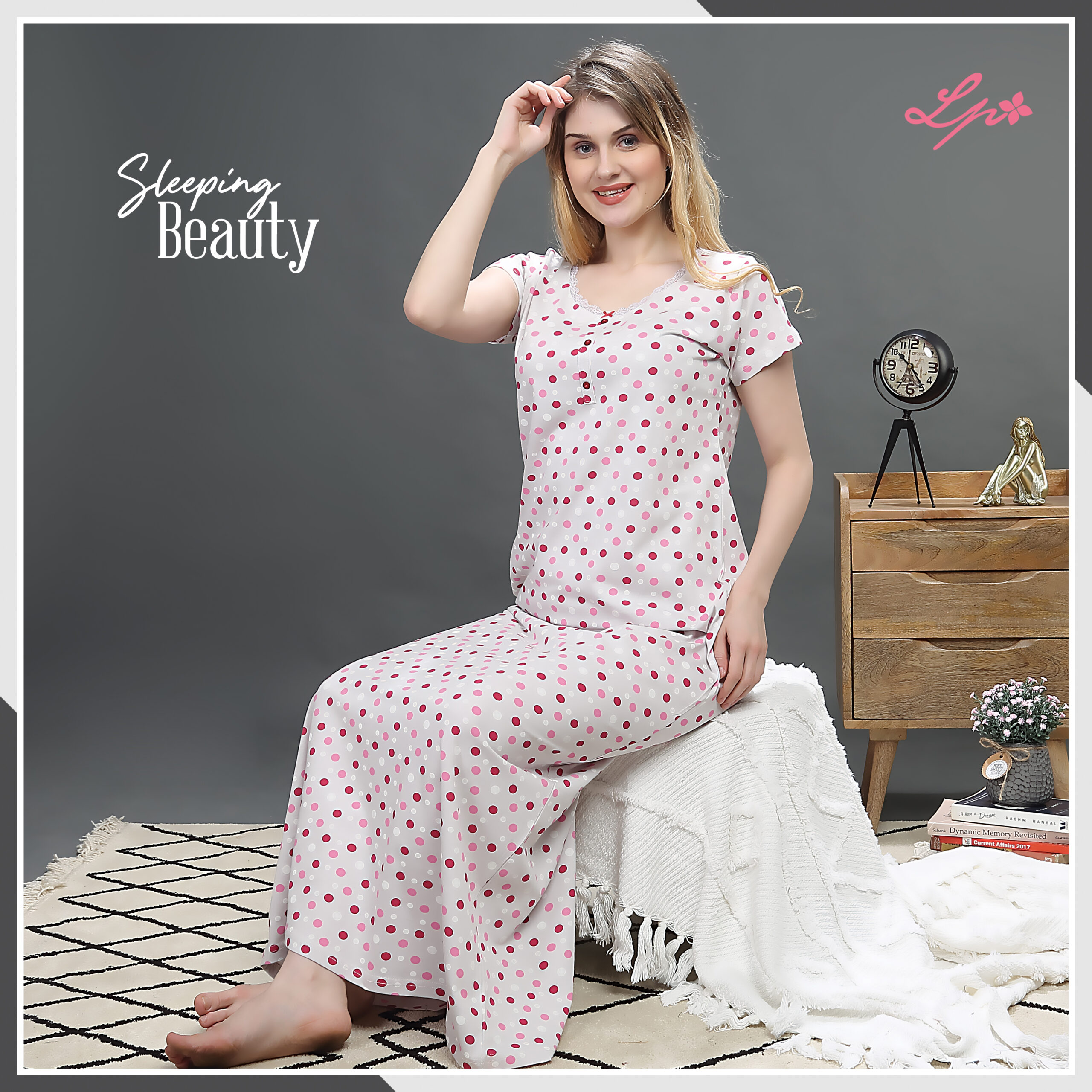 8202-A Little Pink Light Blush Pink All Over Printed Long Nighty