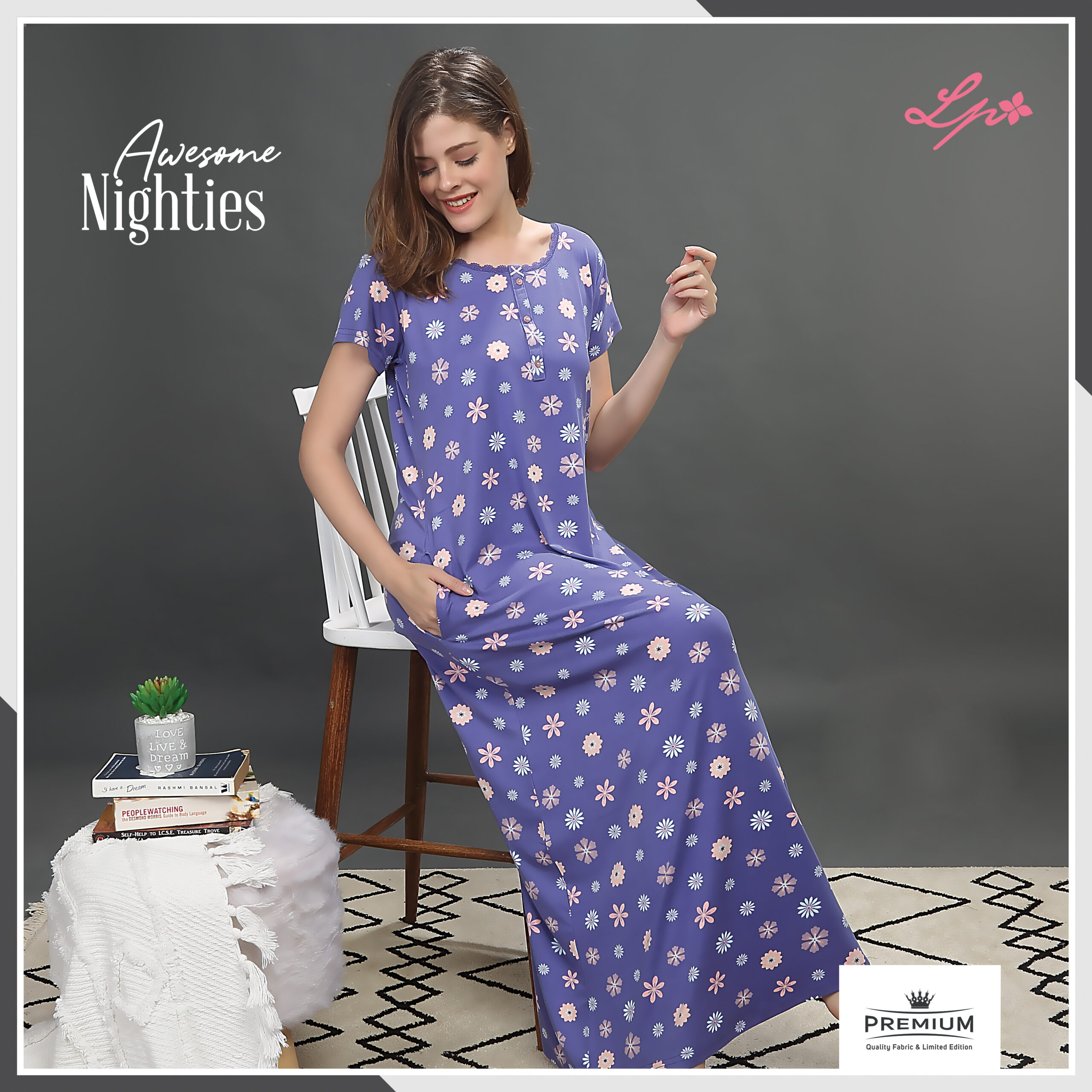 8227-A little Pink Ultra Marine Blue All Over Printed Long Nighty