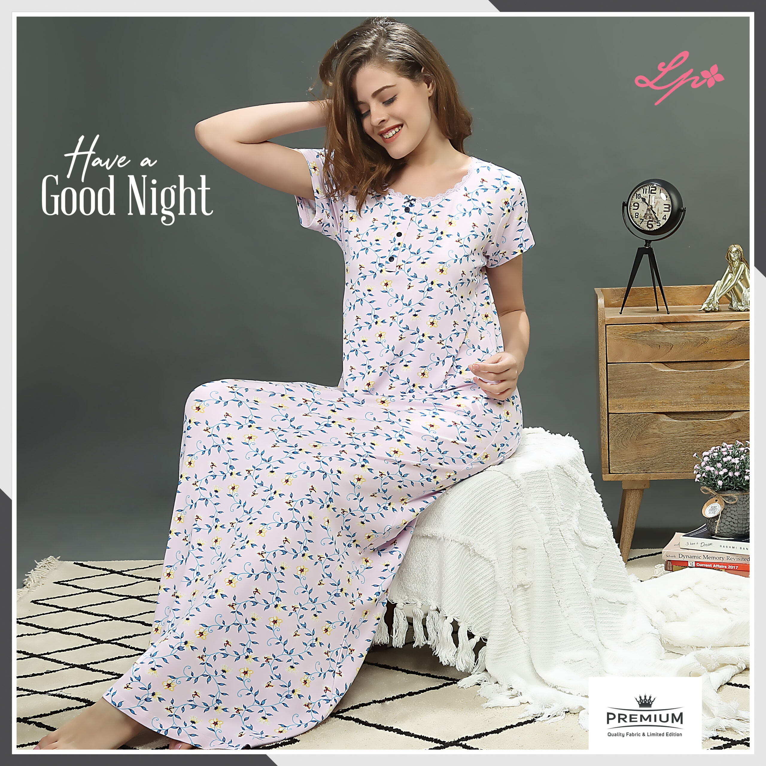 8230-A Little Pink White Long Nighty With All Over Print