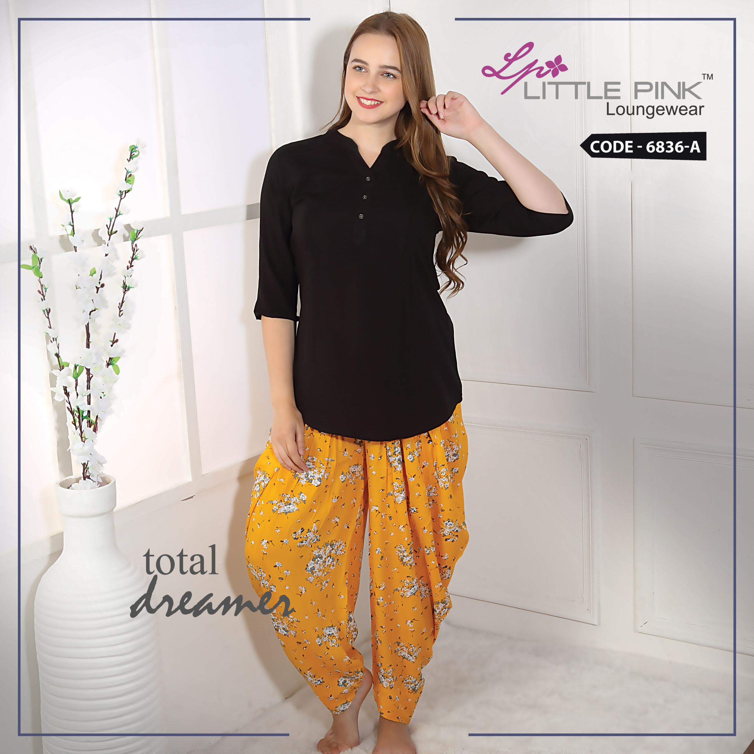 6836-A LittlePink Solid Black Short Kurti With Printed Patiala Set.